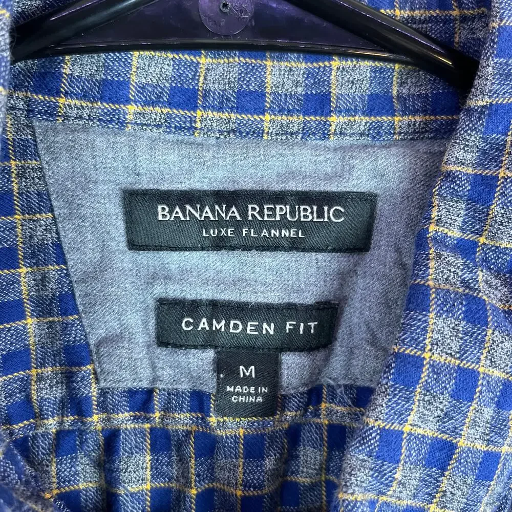 Banana Republic Mens Shirt Blue Yellow Plaid Luxe Flannel Camden Fit Medium